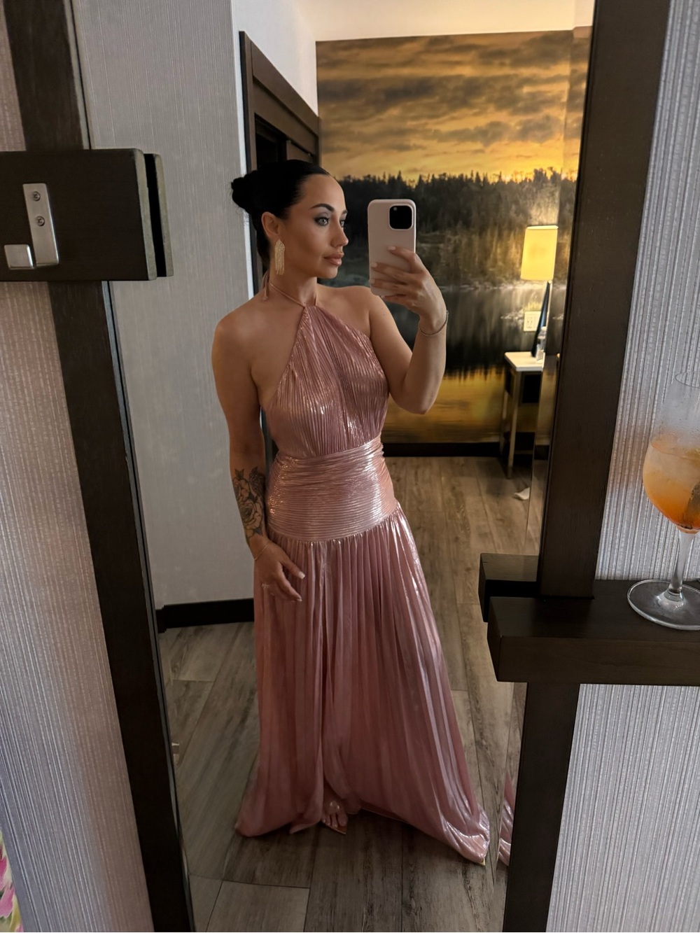 Elegant Pink Metallic Halter Evening Dress